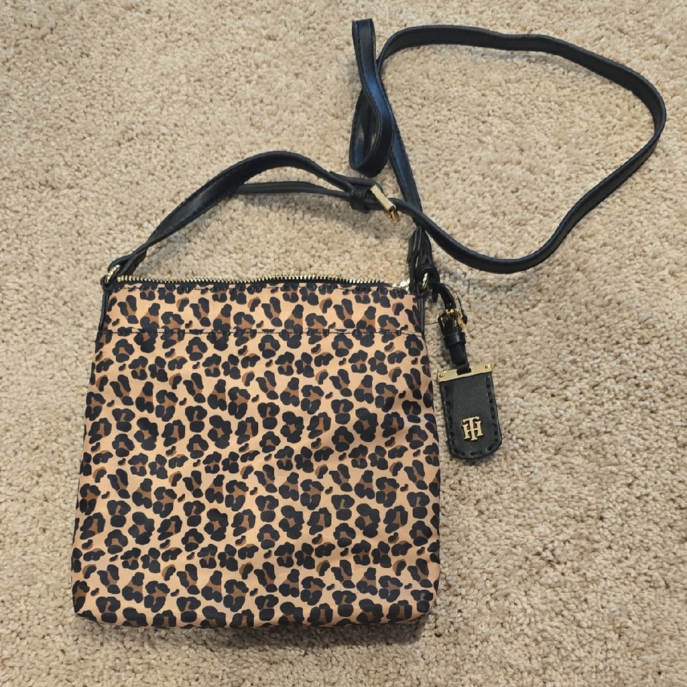 Tommy Hilfiger Black and Brown Leopard Print Crossbody Bag